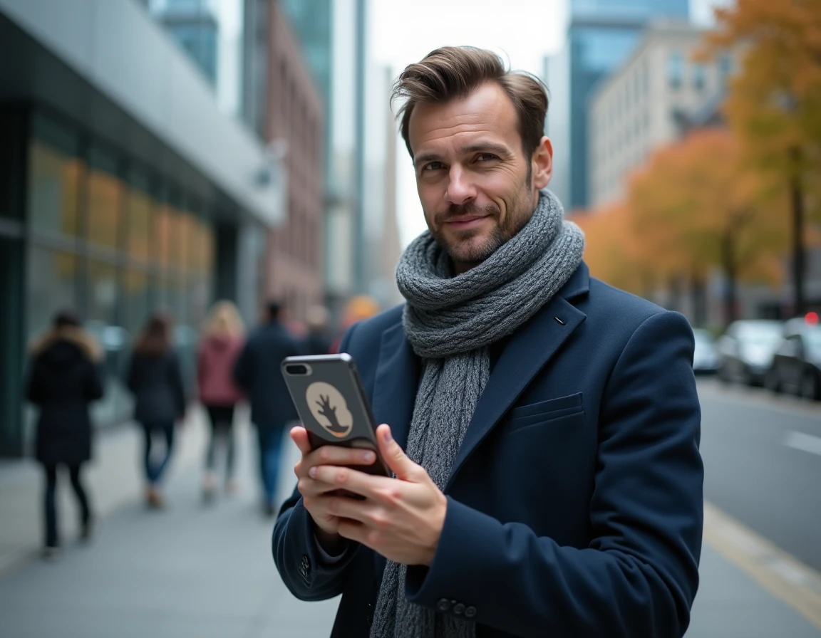 Homme en ville tenant son téléphone affichant l'emoji croix des doigts tout en reproduisant le geste de la main, illustration tendance des réseaux sociaux 2026