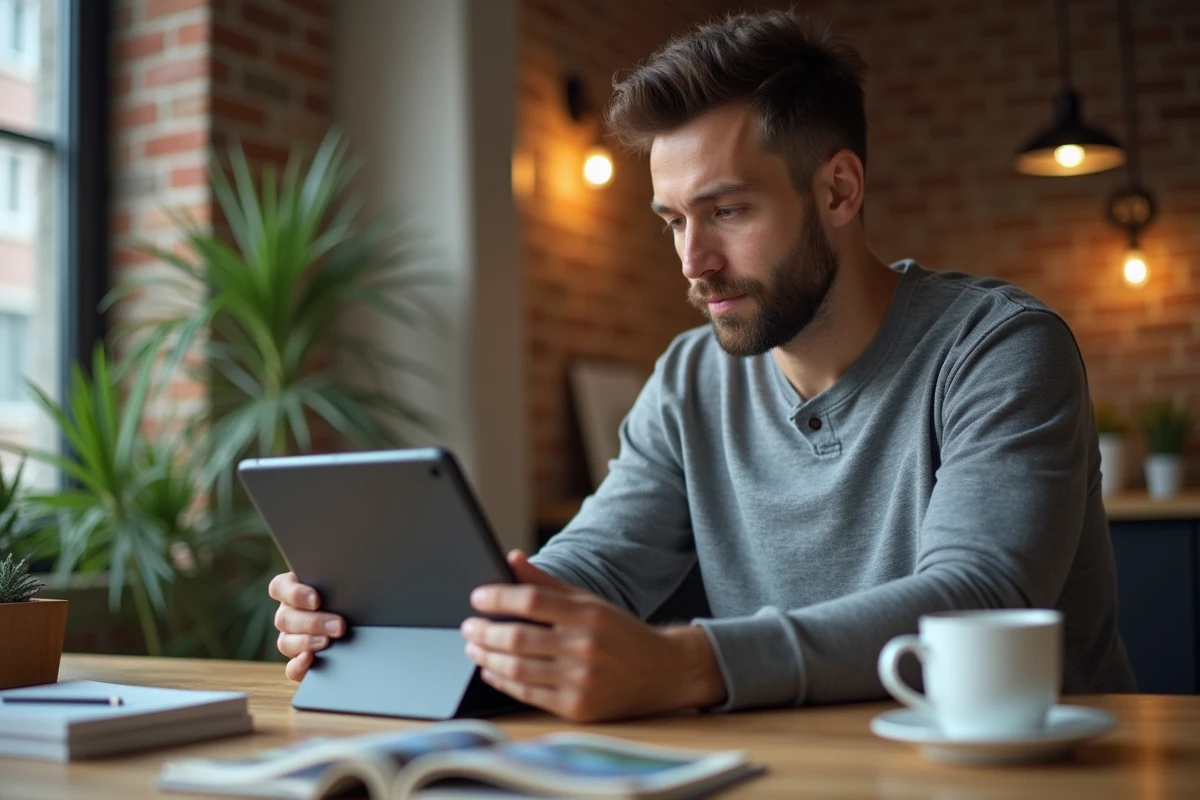 Homme adulte consultant un webtoon sur tablette à son bureau dans un appartement moderne