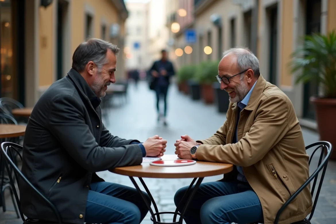 Deux hommes jouant &agrave; un jeu de soci&eacute;t&eacute; compact en terrasse de caf&eacute; en v&eacute;rifiant le temps de jeu