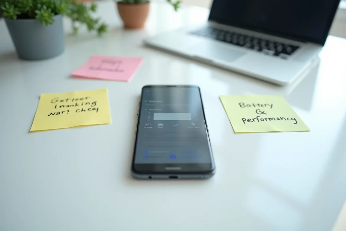 Huawei P10 Lite posé sur un bureau avec une application d'optimisation de batterie ouverte sur l'écran