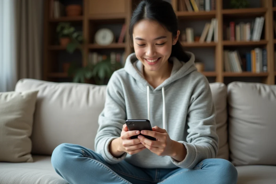 Jeune femme utilisant un Huawei P10 Lite sur un canapé pour gérer le stockage et accélérer son smartphone