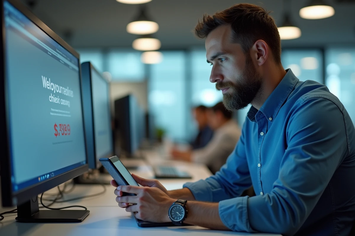 Homme au bureau utilisant son smartphone et un ordinateur pour identifier un numéro de téléphone mobile inconnu