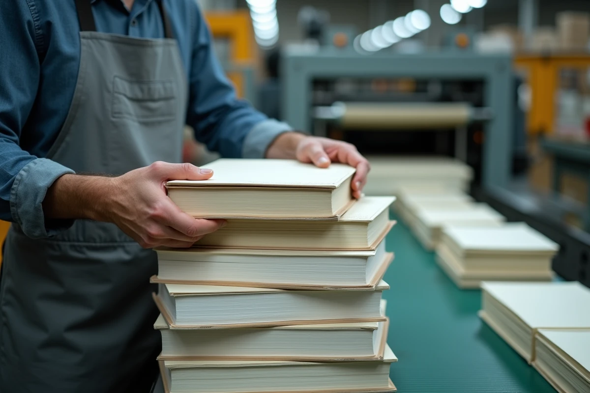 Ouvrier empilant des livres broch&eacute;s fra&icirc;chement imprim&eacute;s dans un atelier d'impression et de reliure industrielle