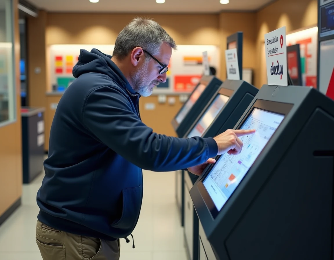 Homme imprimant un plan du métro parisien ligne 9 à un kiosque de La Poste