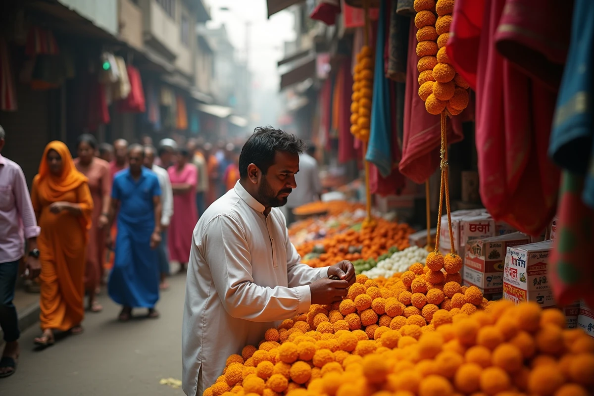 Marché de rue bondé à Mumbai illustrant la forte densité de population de l'Inde sur son vaste territoire