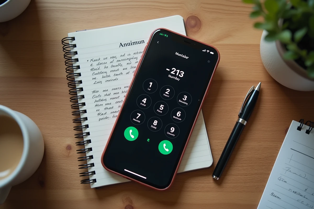 Vue de dessus d'un smartphone affichant l'indicatif +213 pour l'Alg&eacute;rie avec un carnet de notes ouvert sur une table en bois