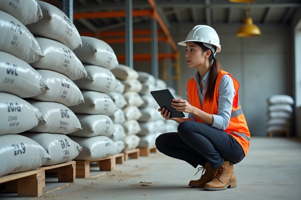 Ingénieure de chantier vérifiant le poids en tonnes de palettes de matériaux de construction dans un entrepôt