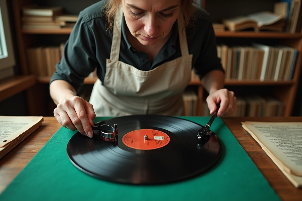 Femme inspectant les gravures matricielles d'un disque 78 tours pour dater sa pressing d'origine