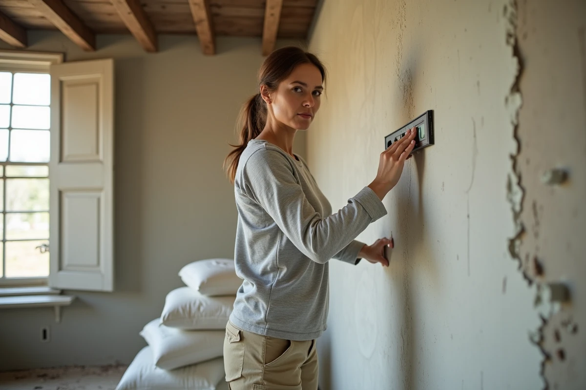 Femme inspectant un mur lissé avec un niveau à bulle dans une maison ancienne en rénovation