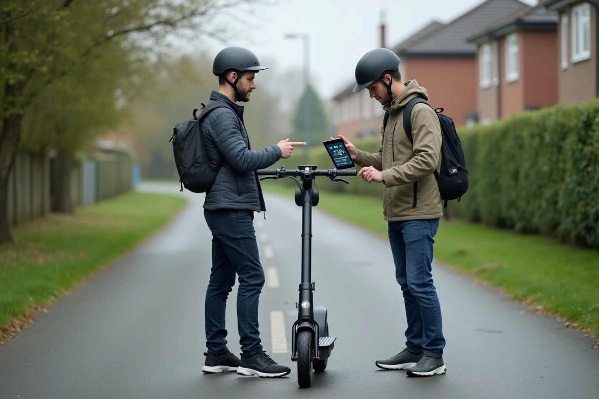 Deux hommes adultes inspectant une trottinette &eacute;lectrique sur une piste cyclable en banlieue