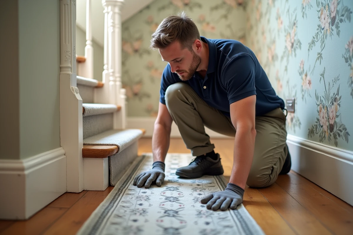 Poseur de moquette professionnel installant un tapis d'escalier &agrave; motifs dans une maison ancienne avec boiseries blanches