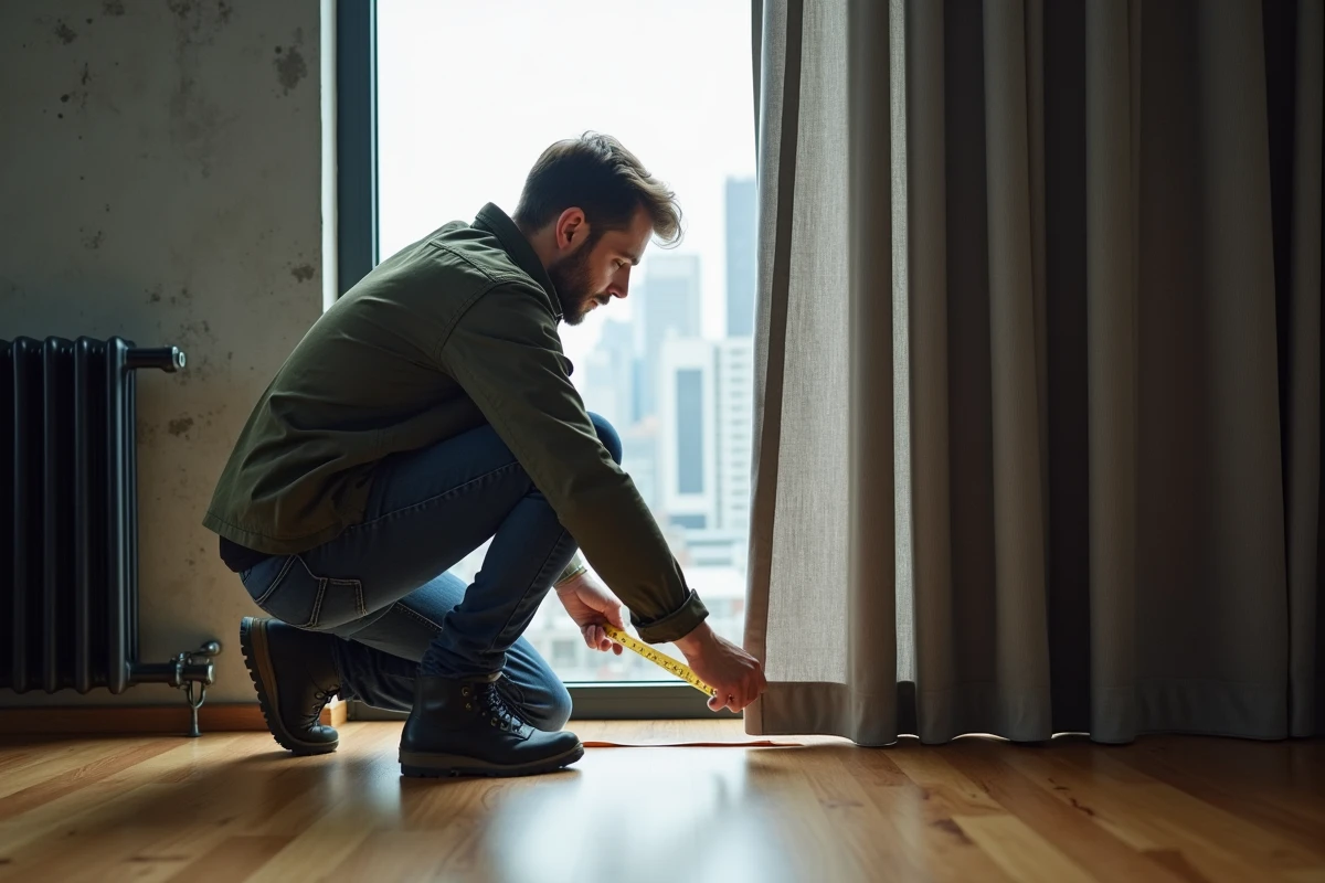 Homme mesurant l'ourlet d'un rideau thermique occultant dans un appartement urbain