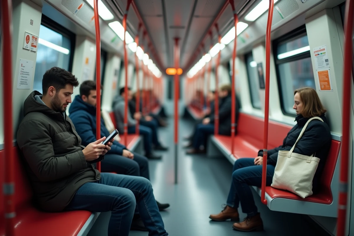 Int&eacute;rieur d'une rame de m&eacute;tro Tiss&eacute;o &agrave; Toulouse avec passagers et plan de ligne sur smartphone
