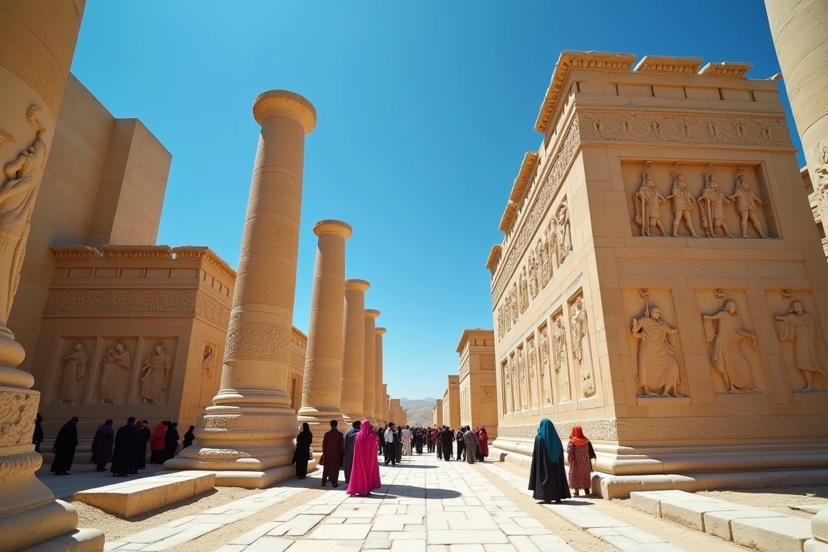 Les colonnes monumentales de Persépolis en Iran avec ses bas-reliefs persans illustrant ce pays du classement