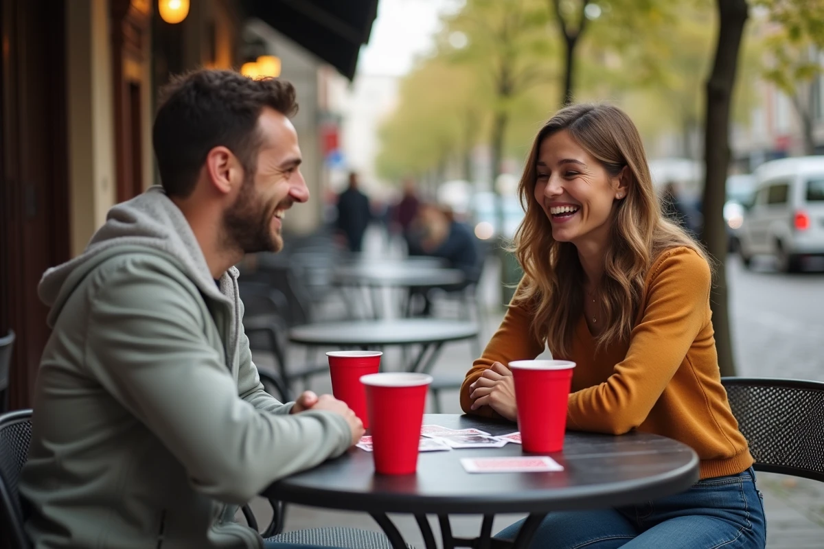 Deux amis jouant &agrave; un jeu de cartes &agrave; boire en terrasse de caf&eacute; avec des expressions amus&eacute;es