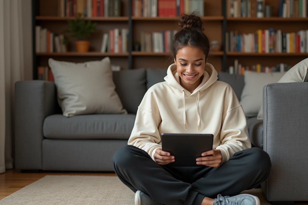 Jeune adulte utilisant un g&eacute;n&eacute;rateur de lettre sur tablette depuis son canap&eacute; dans un appartement moderne