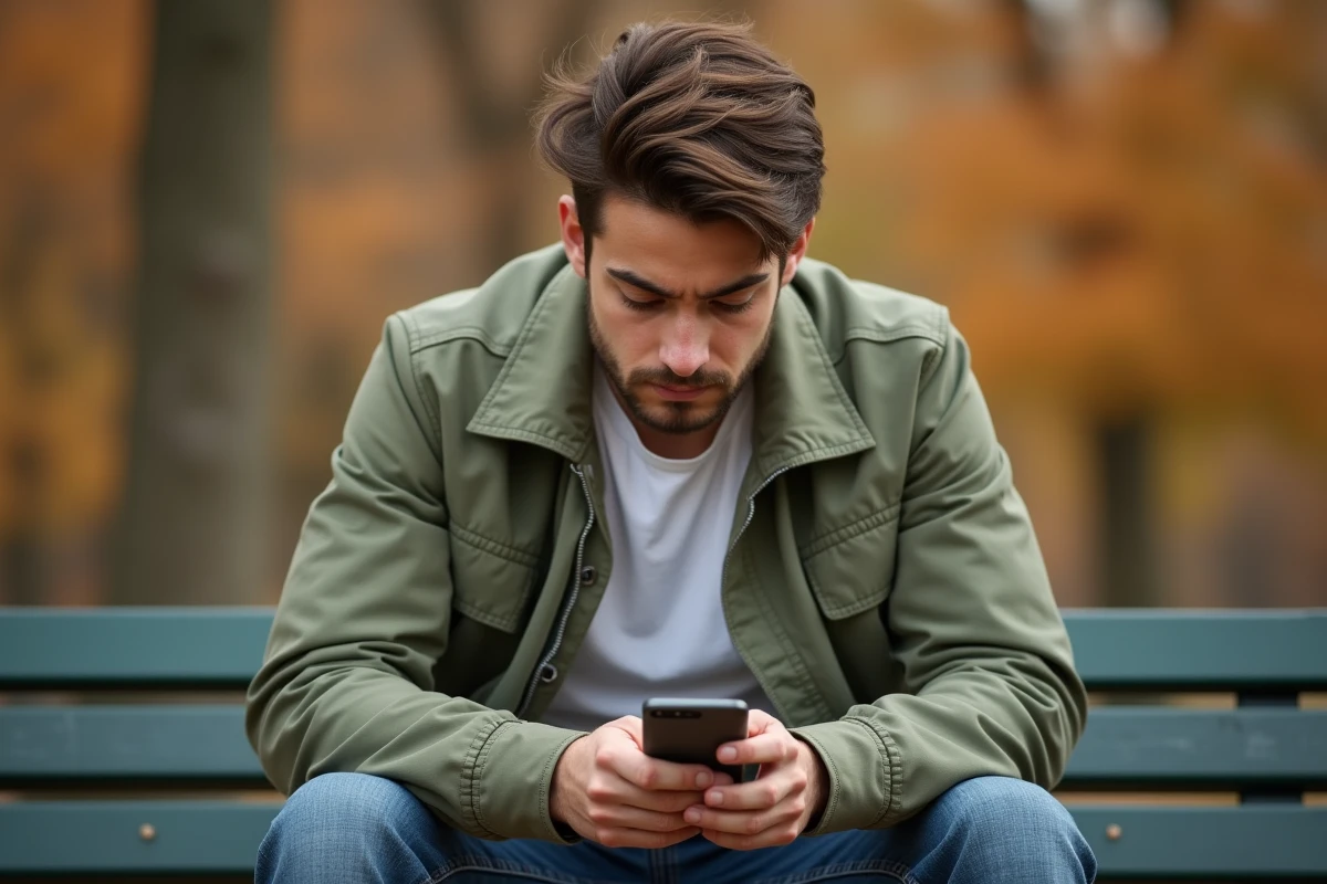Jeune adulte assis sur un banc de parc r&eacute;digeant un SMS anonyme avec une expression r&eacute;fl&eacute;chie en automne