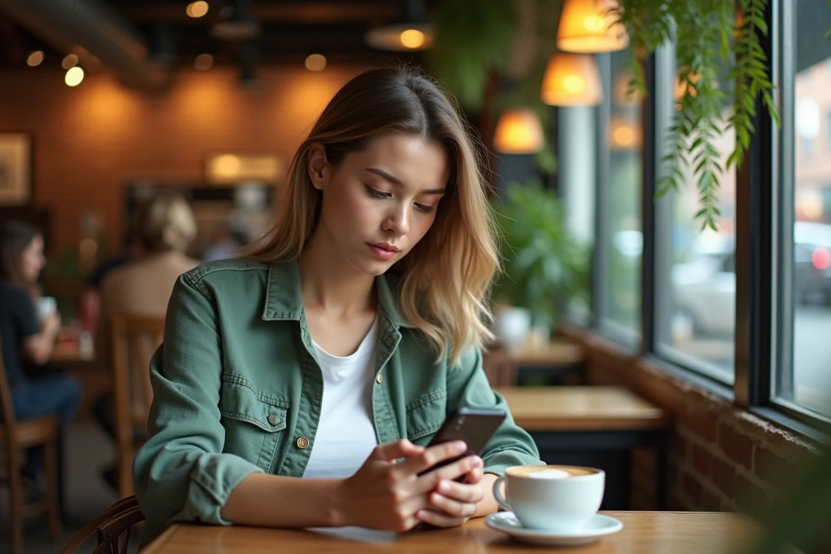 Jeune femme consultant un blog de psychologie positive sur smartphone dans un caf&eacute; urbain chaleureux