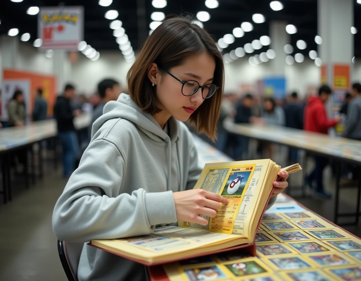 Jeune femme collectionnant des cartes Pok&eacute;mon rares dans un binder lors d'une convention de jeux de cartes