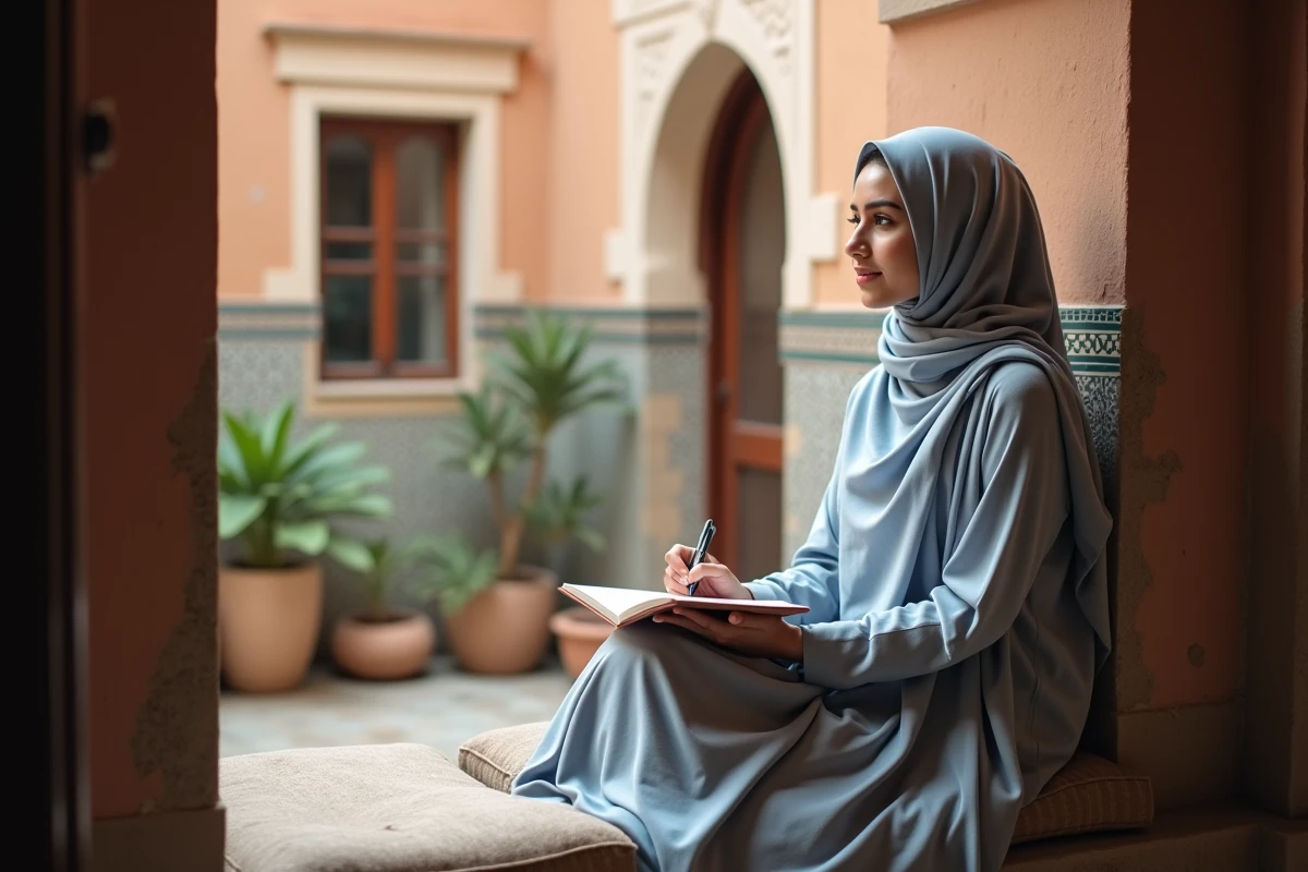 Jeune femme musulmane &eacute;crivant dans un carnet apr&egrave;s la douaa istikhara dans un riad traditionnel