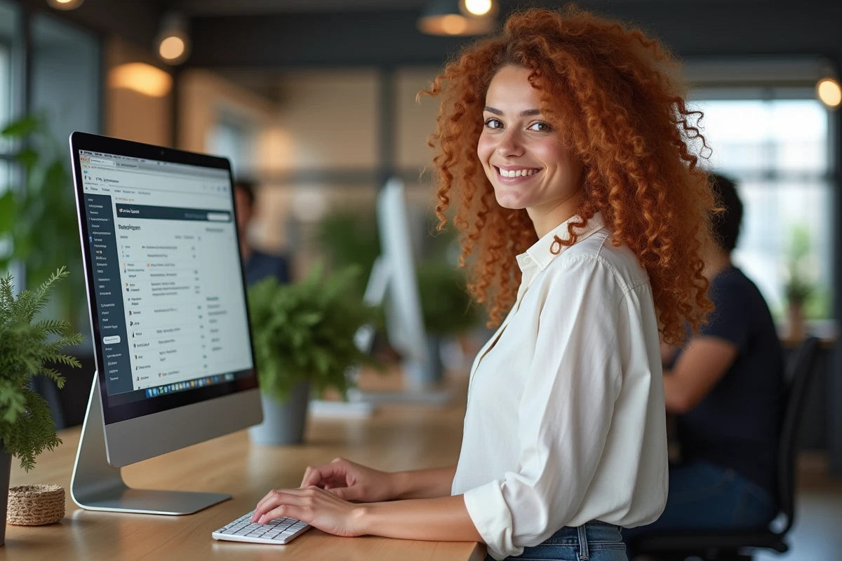 Jeune femme consultant le guide Co-valence.fr sur un &eacute;cran d'ordinateur dans un espace de coworking