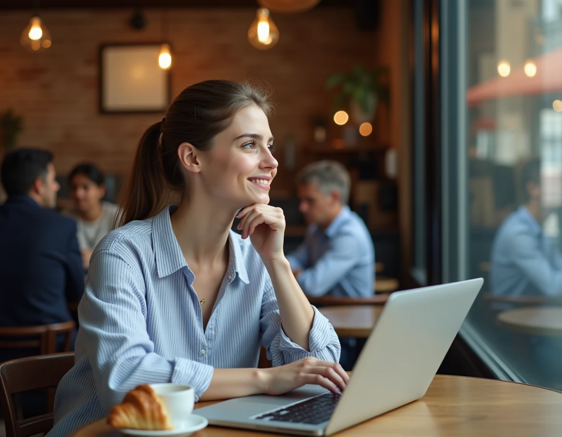 Jeune femme hésitant sur l'orthographe d'un mot devant son ordinateur portable dans un café parisien