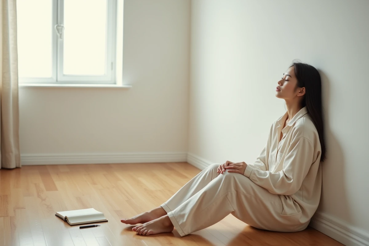 Jeune femme assise seule sur un parquet vide avec un journal ouvert, yeux fermés, illustrant la solitude intérieure et l'expression des émotions