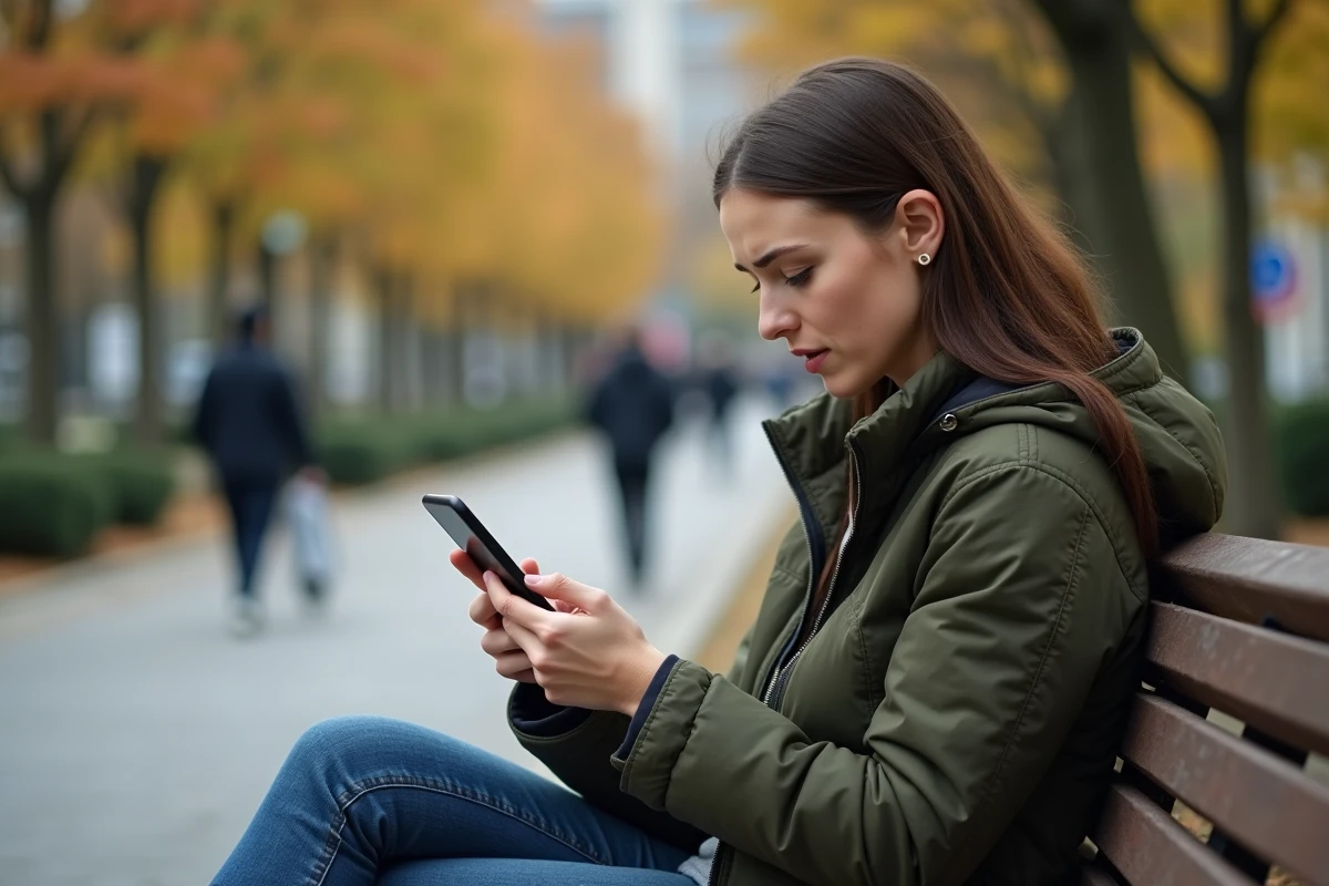 Jeune femme consultant la liste d'appels inconnus sur son t&eacute;l&eacute;phone en plein air, cherchant &agrave; identifier un num&eacute;ro de d&eacute;marchage 0568