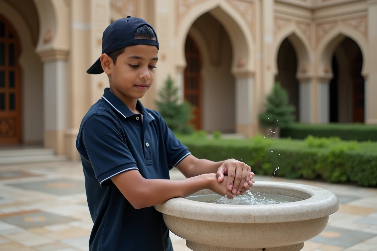 Jeune gar&ccedil;on musulman effectuant le lavage des bras lors du wudu dans la cour d'une mosqu&eacute;e, &eacute;tapes de l'ablution rituelle islamique