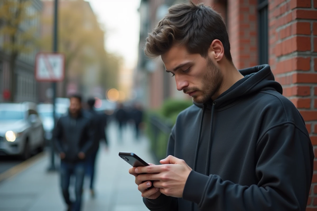 Jeune homme dans la rue h&eacute;sitant &agrave; rappeler un num&eacute;ro de t&eacute;l&eacute;phone inconnu avec l'indicatif 41