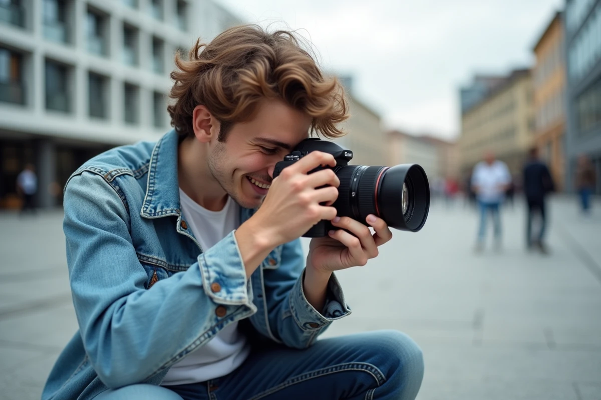 Jeune homme testant un appareil photo reflex d&eacute;butant en ext&eacute;rieur dans une place urbaine