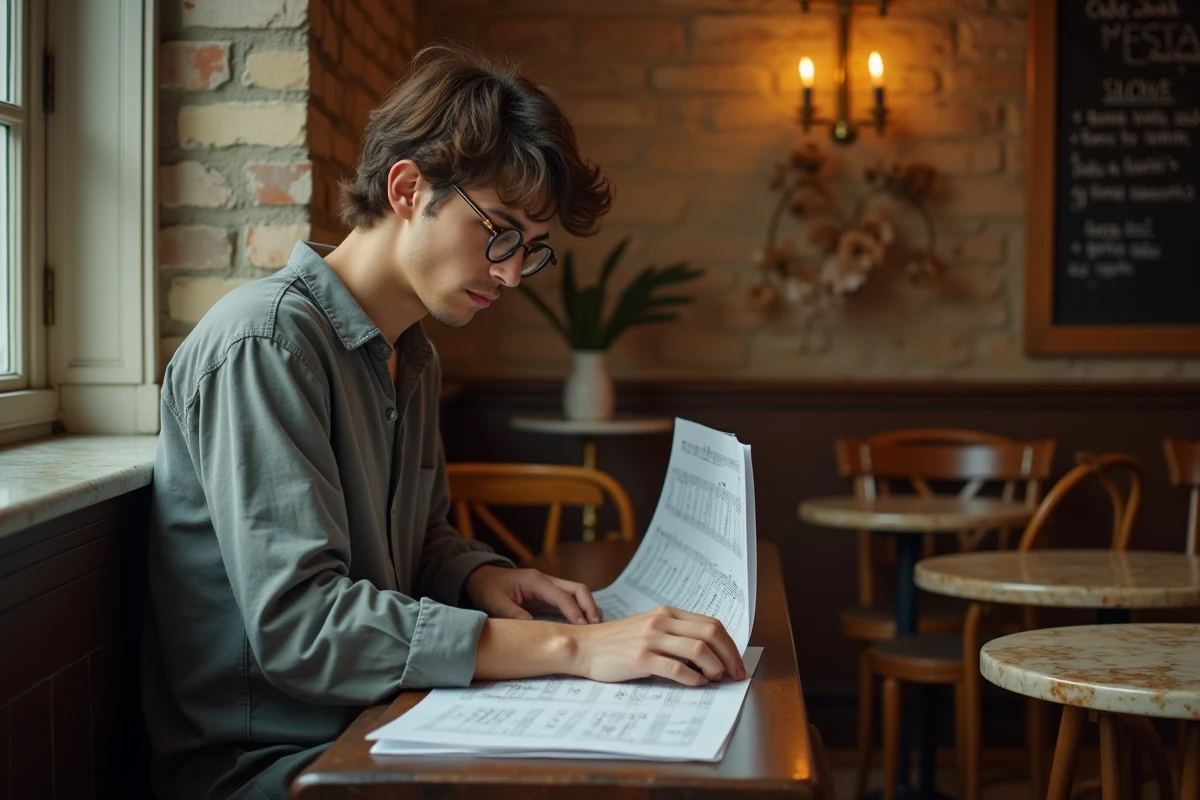 Jeune pianiste français travaillant ses partitions dans un café parisien désert après la fermeture