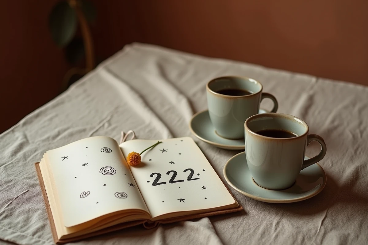 Journal ouvert avec la séquence horaire 22h22 dessinée à l'encre, deux tasses vides sur une table en bois symbolisant la séparation des flammes jumelles et la synchronicité