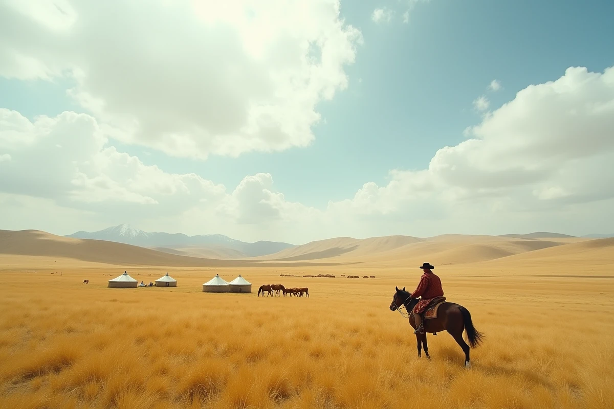 Steppe kazakhe infinie avec une yourte et des chevaux illustrant le Kazakhstan comme plus grand pays enclavé du monde