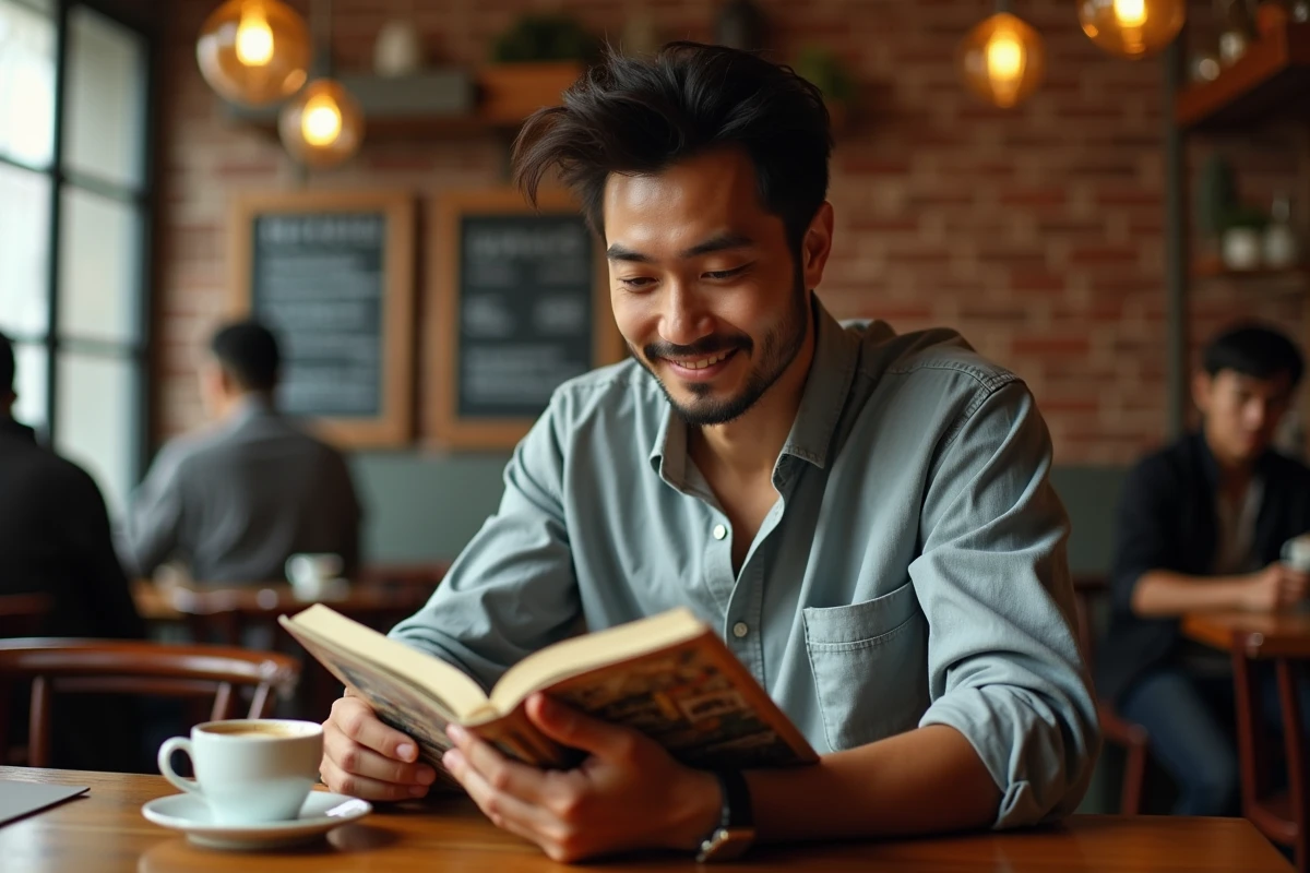 Homme lisant un tome de One Piece dans un caf&eacute; urbain avec une ambiance authentique et chaleureuse