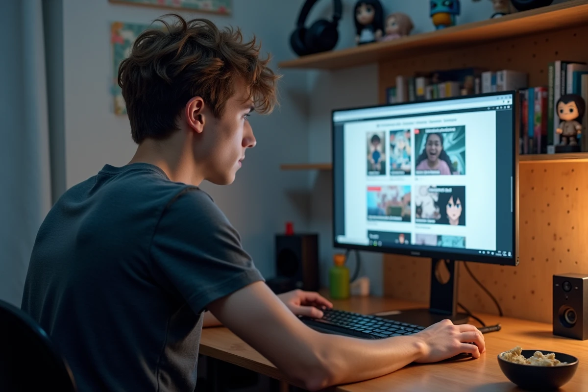 Jeune homme lisant des scans de mangas en français sur un ordinateur de bureau dans un bureau à domicile