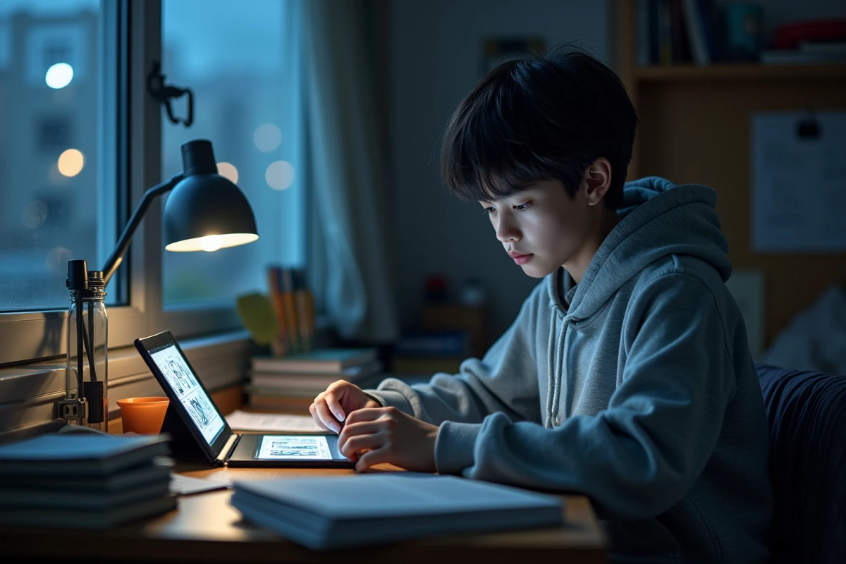 Adolescent lisant un scan de manga sur tablette dans une chambre d'étudiant en désordre