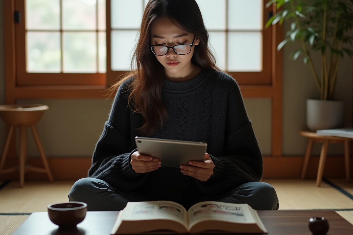 Femme lisant simultanément un webtoon sur tablette, un manga et un roman léger dans un salon d'inspiration japonaise au sol en tatami