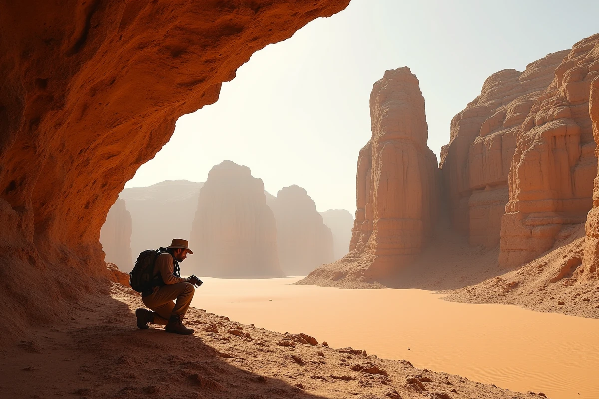 Formations rocheuses des montagnes Acacus dans le désert libyen avec des peintures rupestres illustrant la Libye