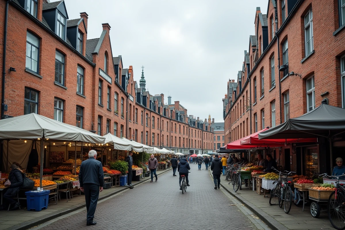 Quartiers sud de Lille avec maisons en brique flamandes, HLM et march&eacute; de rue anim&eacute; sous ciel couvert