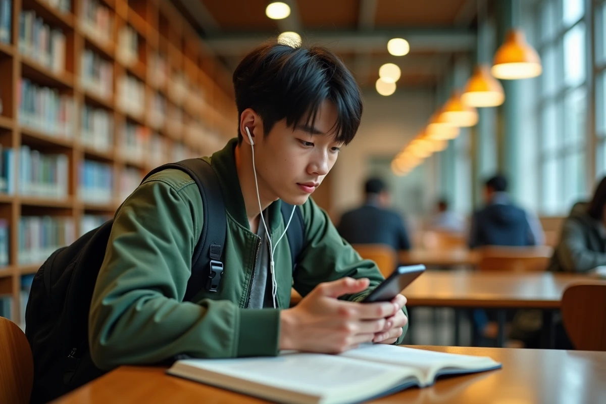 Jeune adulte lisant des mangas sur smartphone dans une biblioth&egrave;que publique de mani&egrave;re s&eacute;curis&eacute;e