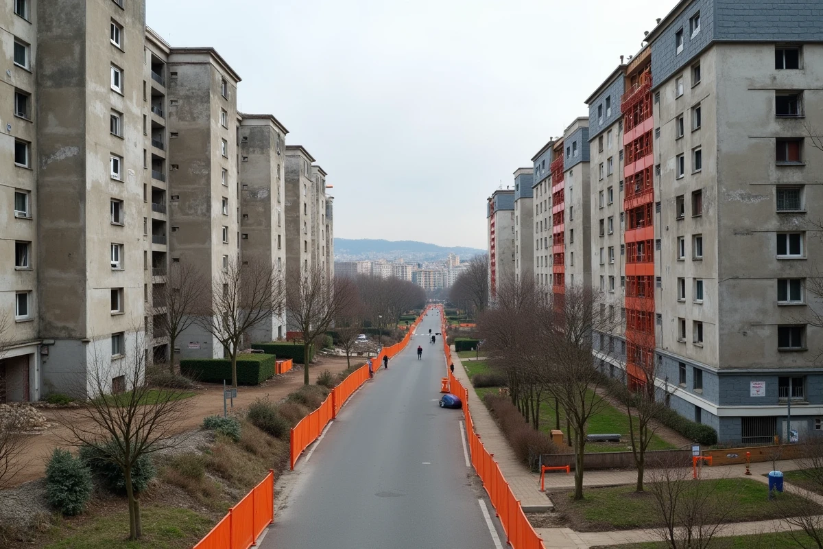 Quartier de la Duch&egrave;re &agrave; Lyon avec m&eacute;lange de tours en r&eacute;novation et b&acirc;timents refaits sur fond de panorama urbain