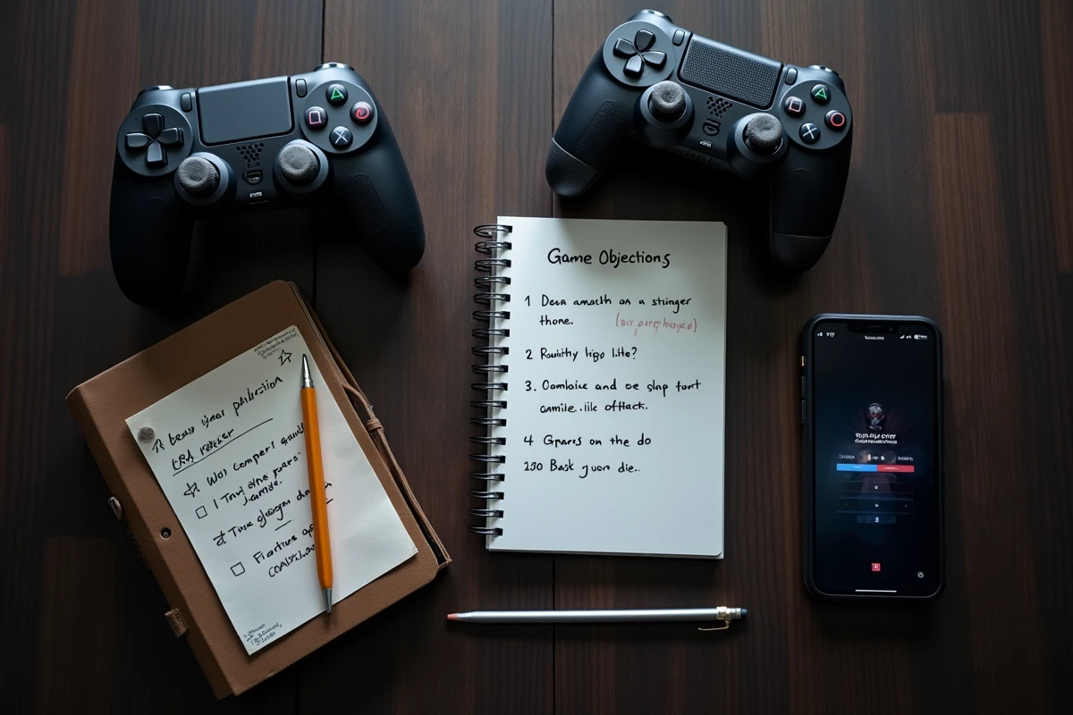 Vue a&eacute;rienne d'une manette de jeu, d'un carnet de notes avec objectifs de compl&eacute;tion et d'un smartphone affichant la progression dans Split Fiction