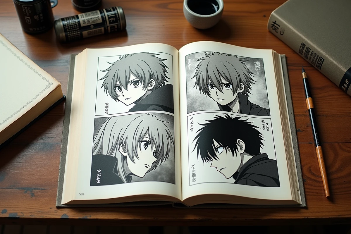 Volumes de manga Bleach ouverts sur un bureau en bois avec encre et pinceau japonais illustrant le style graphique original
