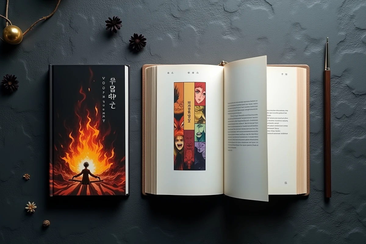 Comparaison en vue aérienne d'un manga, d'un webtoon imprimé et d'un roman léger coréen ouverts côte à côte sur une surface en ardoise sombre