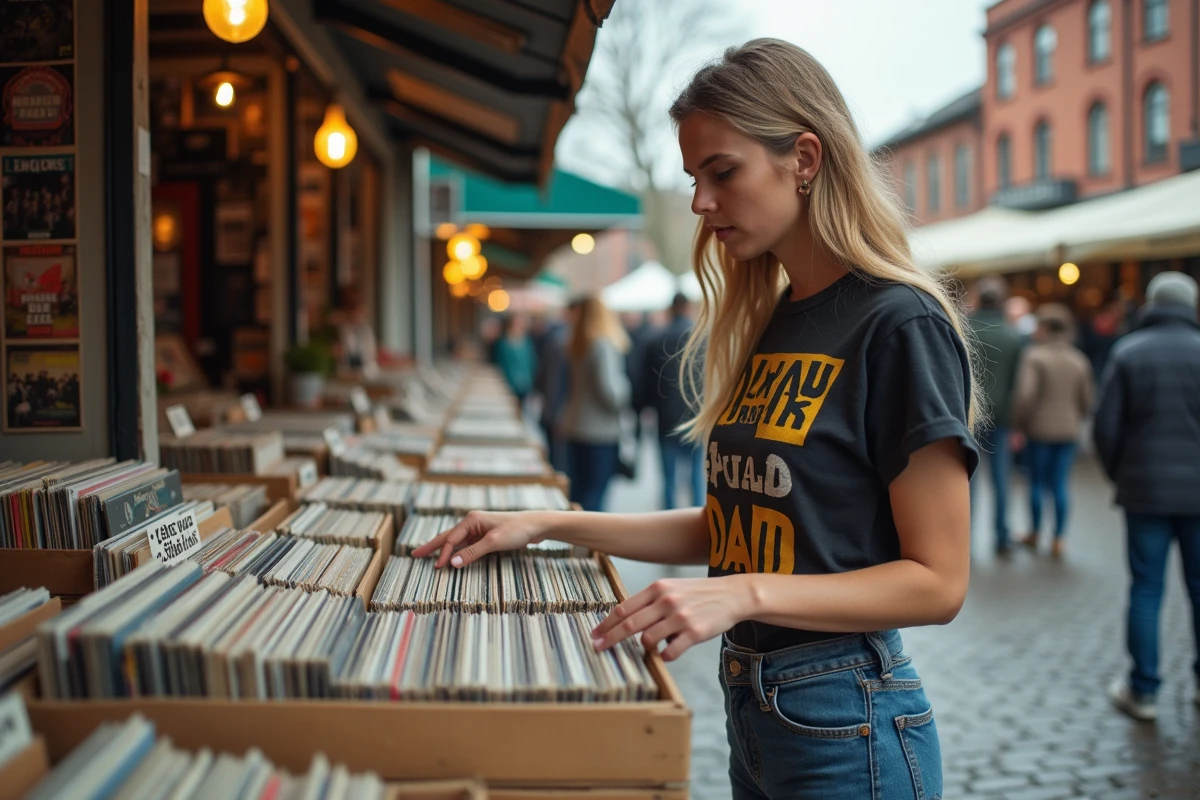 Jeune femme cherchant des vinyles rares dans les bacs d'un marché aux disques en plein air
