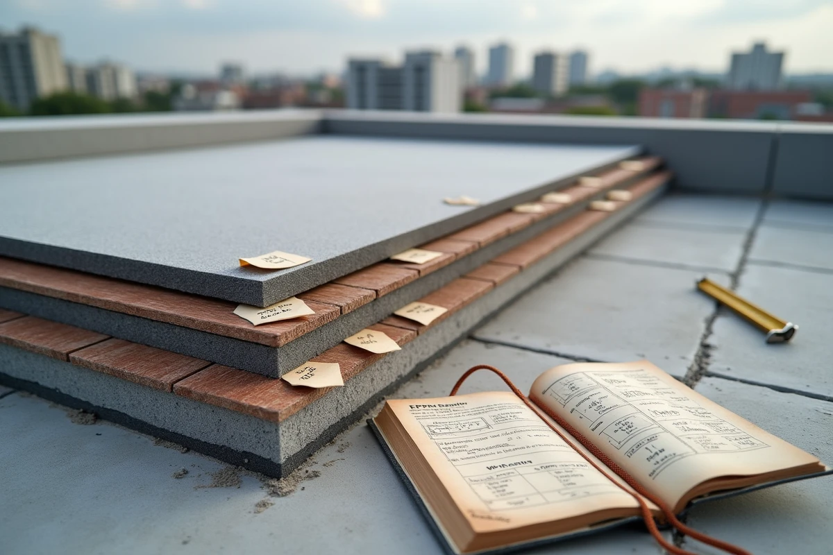 Coupe transversale des mat&eacute;riaux d'un toit terrasse avec membrane EPDM, isolant rigide et carrelage composite &agrave; c&ocirc;t&eacute; d'un carnet de budget manuscrit