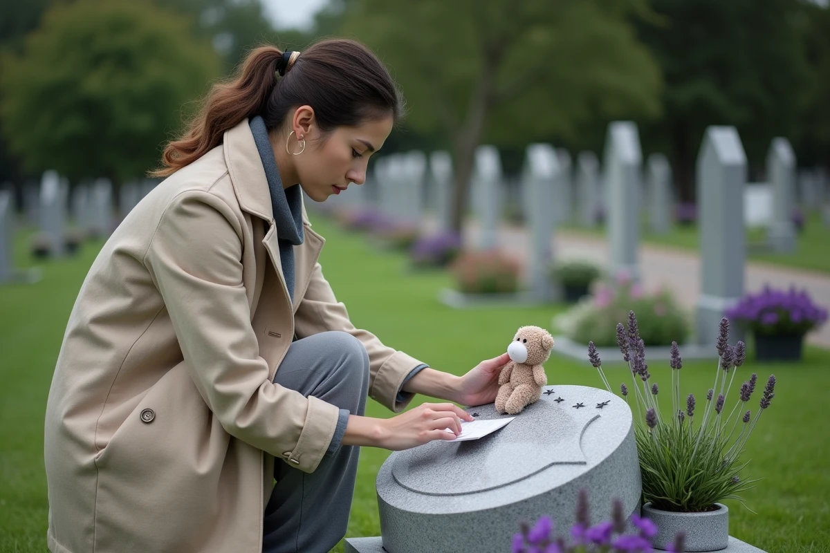 Mère déposant un message et un jouet devant une petite pierre tombale en granit gris pour enfant dans un cimetière entouré de lavande