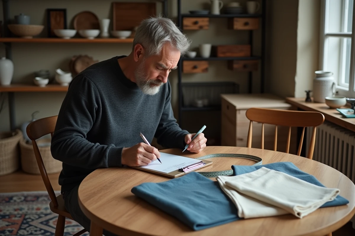 Homme prenant les mesures d'une table ronde en bois pour commander une nappe en tissu coton enduit sur mesure dans une salle &agrave; manger