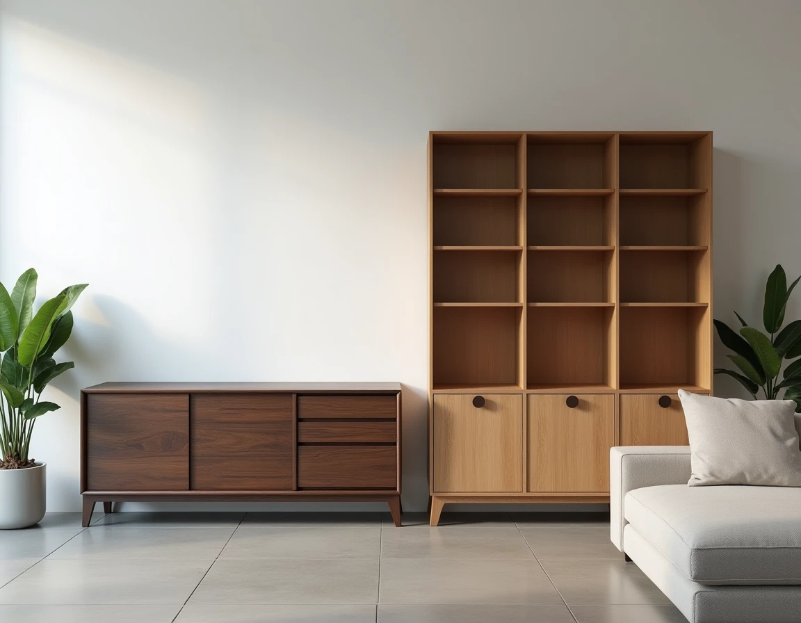 Salon moderne avec meuble en bois exotique weng&eacute; et biblioth&egrave;que en ch&ecirc;ne europ&eacute;en pour comparaison esth&eacute;tique